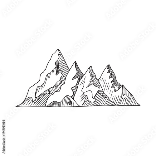 Sketch of jagged mountains with shading and linear details in black ink
