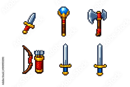 A collection of pixel art fantasy weapons including a dagger, magic