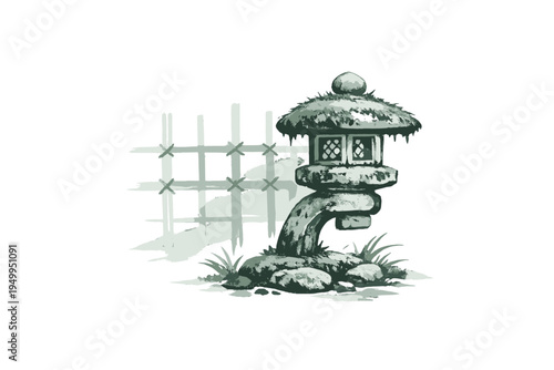 A traditional Japanese stone lantern stands in a serene garden