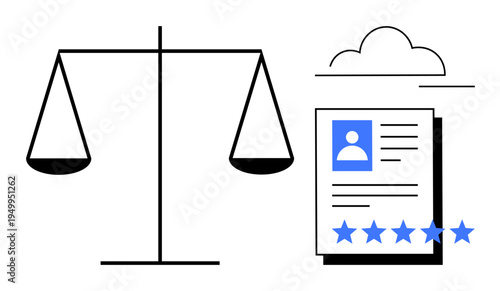 Balance scale and profile document with star rating, illustrating justice, fairness, and evaluation. Ideal for law, HR, performance reviews, recruitment, trust compliance and ethics