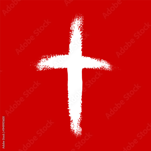 White brushstroke cross symbol on a bold red background, representing sacrifice and spirituality.