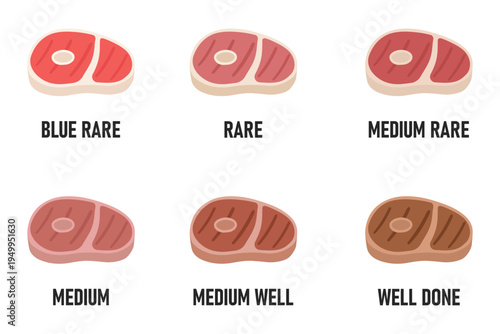 Steak Doneness Levels Guide Chart: Blue Rare to Well Done Isolated Vector Illustration