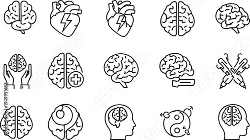 Brain and heart medical line icons set, mental health, neuroscience, psychology, cardiology, healthcare outline vector illustration collection