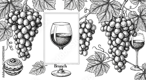Background with grapes, grapevine, and brunch elements,
