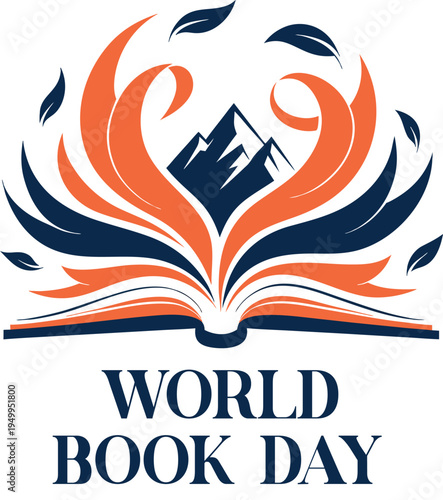 World book day logo with open book and mountain vector design