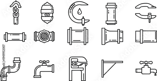 Industrial pipeline and plumbing tools line icons set, pipe fittings, valve, faucet, wrench, water system outline vector collection