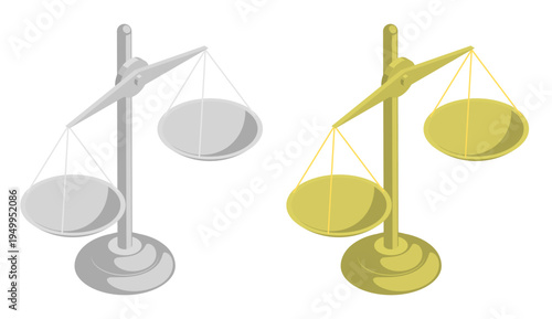 Isometric judge scales in balanced position with empty bowls. Isolated cartoon vector on white background top view
