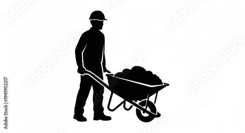 Woman construction worker with wheelbarrow in a garden building scene