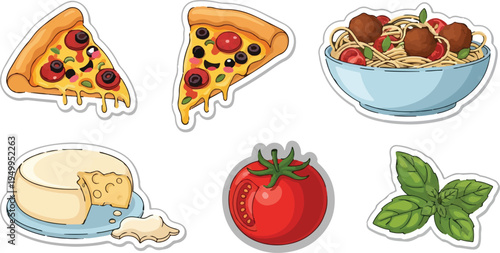 Isolated Cute Cartoon Italian Food Stickers Vector Set. Pizza, Pasta, Cheese, Tomato, and Basil. isolated PNG with Transparent Background