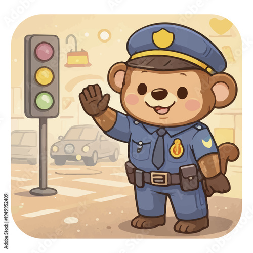 Cute monkey police officer directing traffic in kawaii cartoon style.