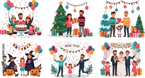 Healthy Family Lifestyle Activities Illustration Set Featuring Jogging, Yoga, Cycling, Nutrition, Doctor Visit, Exercise, Fitness Training and Wellness Habits for Parents and Children