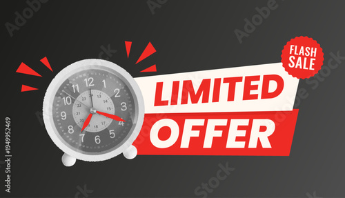 Sale Banner with Text Limited Offer and Alarm clock. Modern photo Collage style. Promotion Banner on black Background. VECTOR EPS