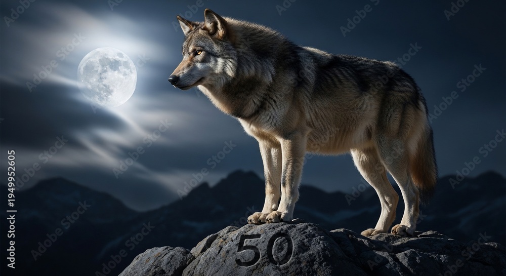 Obraz premium Majestic Wolf Standing Proudly on Rocky Outcrop Under Full Moon.