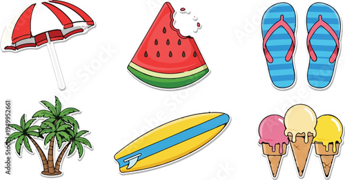 Set of Summer Vacation Elements Illustration with Beach Umbrella, Watermelon, Flip Flops, and Ice Cream isolated PNG with Transparent Background