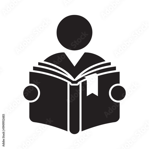 Simple black silhouette of a person intently reading an open book