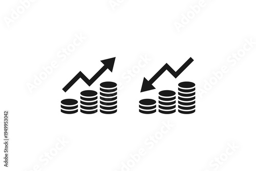 Financial growth and decline icon set with stacked coins and arrows