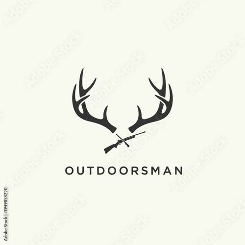 A minimalist logo featuring a pair of deer antlers crossed with a rifle, with the word "OUTDOORSMAN" below.