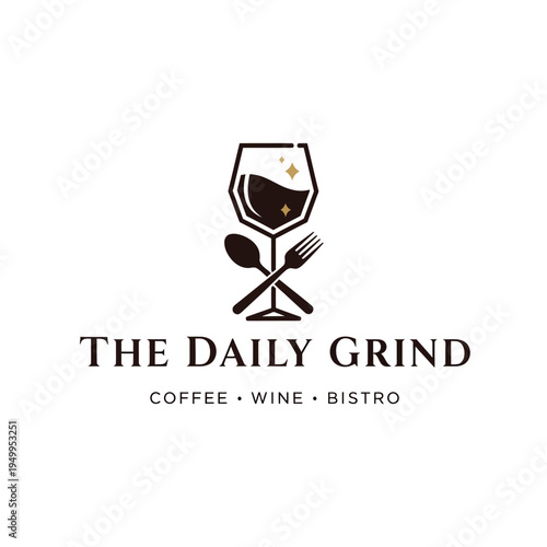 The Daily Grind logo featuring a wine glass filled with coffee, a spoon, and a fork, with the text "The Daily Grind Coffee Wine Bistro".