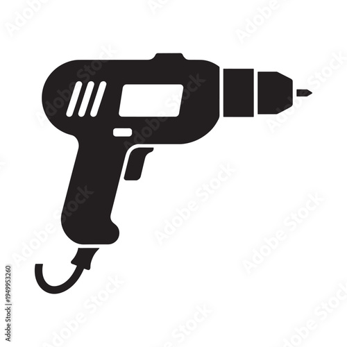 Simple black silhouette of a power drill with a cord and chuck