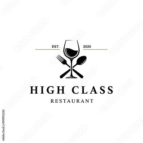 Elegant logo for a high-class restaurant featuring a wine glass, fork, and spoon, established in 2020.