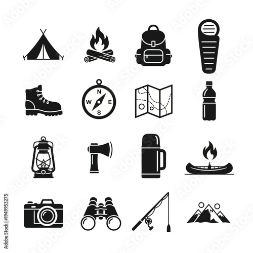 A collection of black and white icons representing various camping and outdoor adventure equipment and activities.