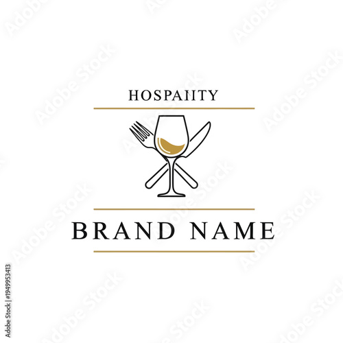 A minimalist logo featuring a wine glass with a fork and knife, symbolizing hospitality and dining.