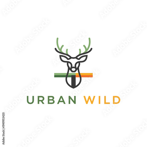 Minimalist logo design featuring a stylized deer head with antlers above the text "URBAN WILD" and a horizontal bar with green and orange stripes.