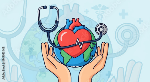Hands cradling a globe with a red heart and stethoscope symbolizing global health and wellness