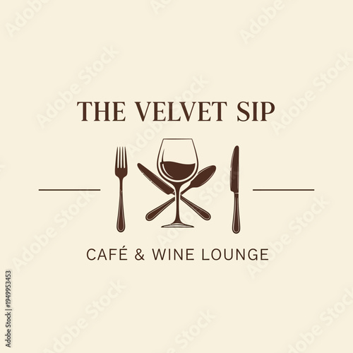 The Velvet Sip Cafe & Wine Lounge logo featuring a wine glass, fork, and knife, symbolizing dining and beverages.
