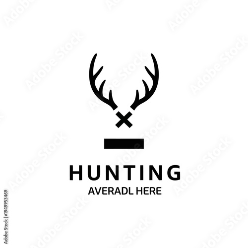 Minimalist black and white logo featuring deer antlers crossed over a horizontal line, with the word "HUNTING" and "AVERADL HERE" below.