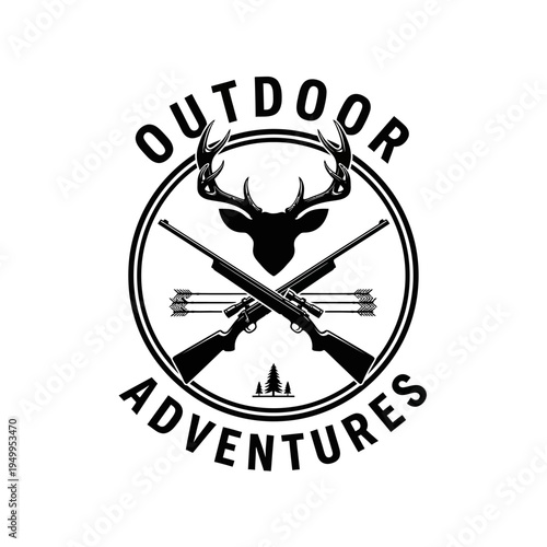 A black and white circular logo featuring crossed rifles, arrows, a deer silhouette with antlers, and the words "OUTDOOR ADVENTURES" in a circular text.