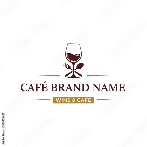 Elegant logo design for a wine and cafe brand, featuring a wine glass with a fork and spoon.