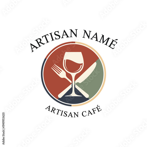 A circular logo for "Artisan Café" featuring a wine glass, fork, and knife, with the text "ARTISAN NAME" above and "ARTISAN CAFÉ" below.