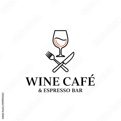 Elegant logo design for a wine cafe and espresso bar featuring a wine glass, fork, and knife.