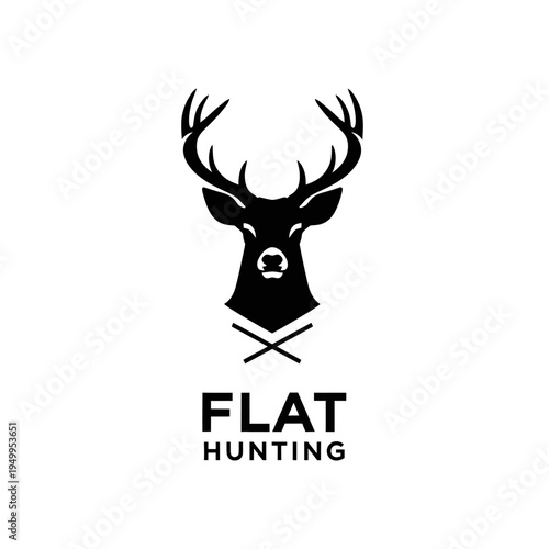 A minimalist black and white logo featuring a stylized deer head with antlers above the text "FLAT HUNTING".