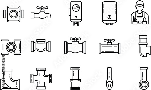 Plumbing equipment and pipe fittings line icons set, plumber worker, valve, faucet, heater, pipeline system outline vector collection