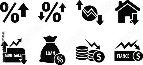Financial icons depicting growth decline and housing a black silhouette