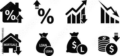 Financial icons displaying growth loss and housing market trends silhouette