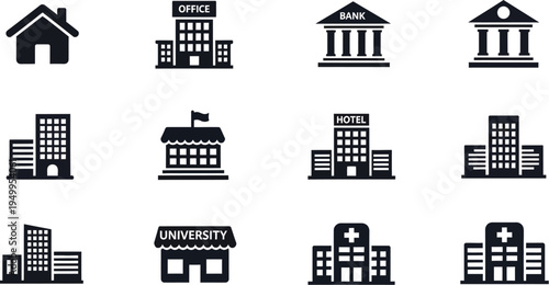 Various building icons in black including homes offices and a university silhouette