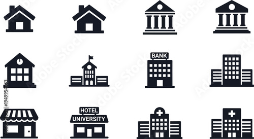 Variety of building silhouettes including homes banks and a hotel silhouette