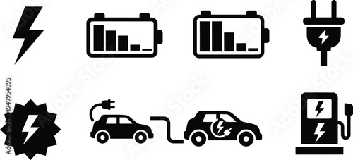 Electric power icons depicting charging batteries and vehicles silhouette
