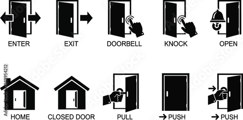 Various door symbols and icons representing entry exit and access silhouette