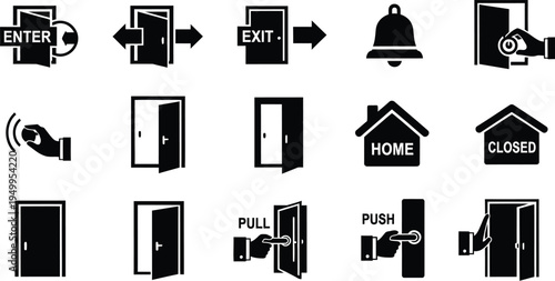 Collection of black doorway icons depicting entry and exit a distinctive silhouette