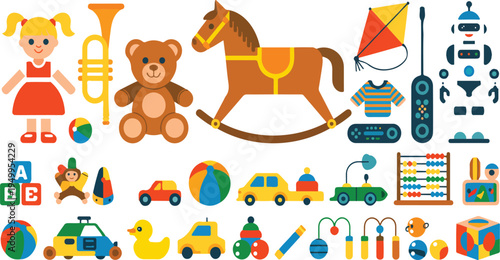 Set of cute cartoon toys for children isolated on white background featuring playful kids objects in colorful vector illustration style