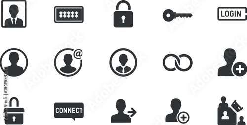 Security and login icons depicting users keys and access silhouette