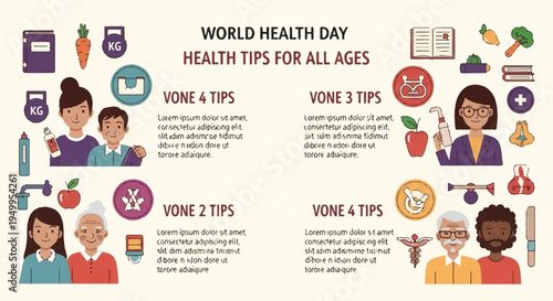 World health day infographic with health tips for all ages and diverse people icons