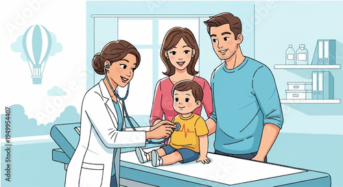 Family and pediatrician consulting with a smiling child on an examination table in a clinic