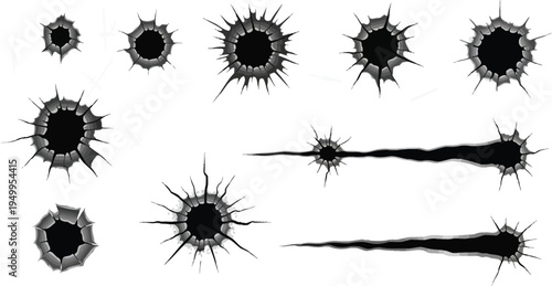 Collection of bullet holes and tear effects stark against white background silhouette