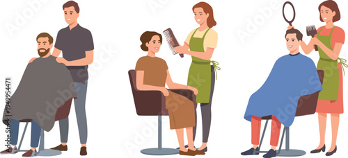 Cartoon illustration of people getting haircuts at barbershop showing hairstyling hair care grooming and barber services for all ages