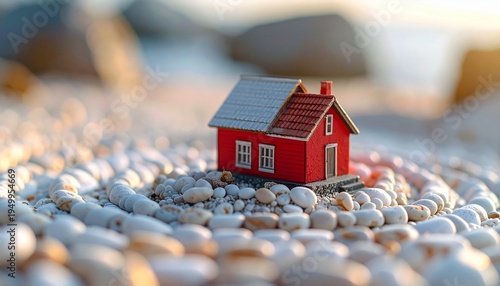 A shallow close-up shot (shallow depth of field) of a small red and gray playhouse placed on a pile of smooth white gravel.pt